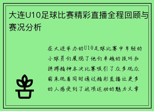 大连U10足球比赛精彩直播全程回顾与赛况分析